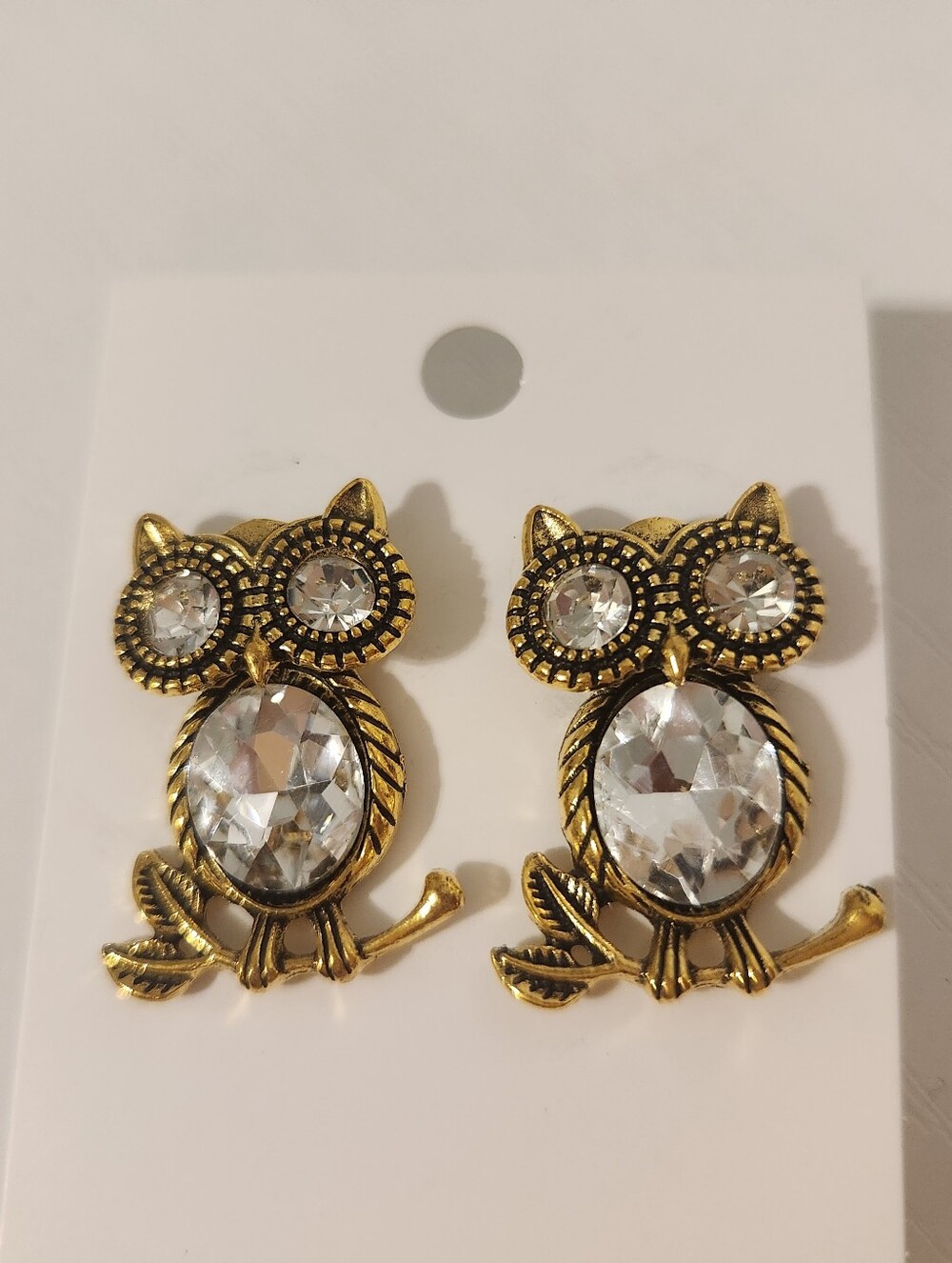 Gold-Tone Owl Crystal Stud Earrings - Clear Crystal